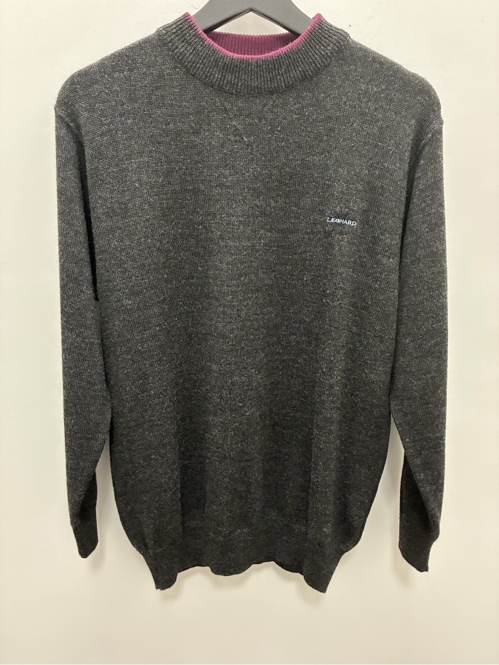 Men's Leonard of Paris Charcoal Crewneck Wool Sweater with Burgundy Trim